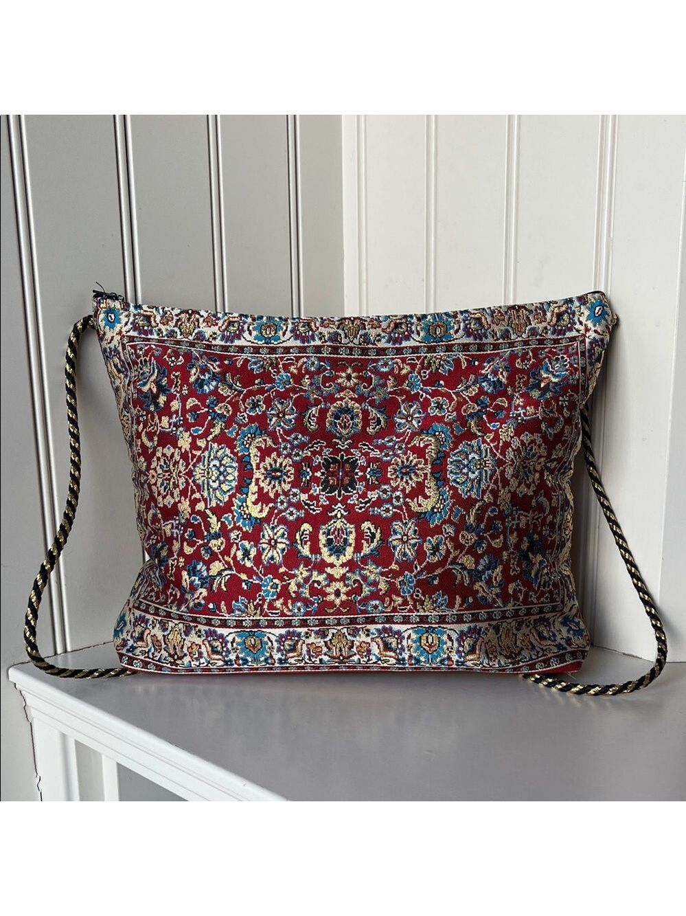 Handmade Persian-style Textured Red Gold Cross Body/Shoulder Bag with Rope Strap